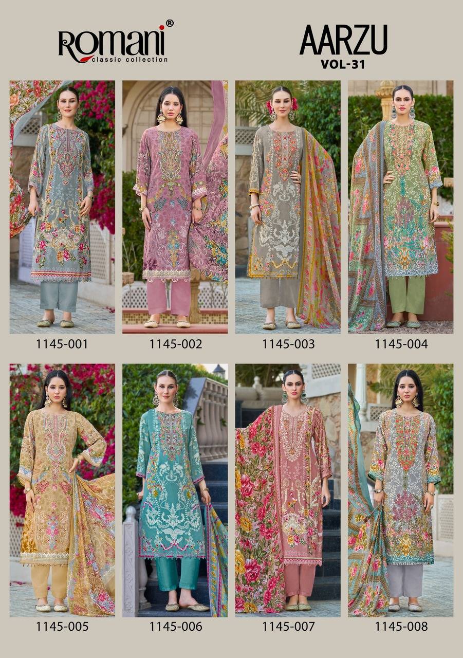 AARZU VOL 31 by ROMANI 1145 001 TO 1145 008 Series Beautiful Festive Suits Stylish Fancy Colourful Casual Wear & Ethnic Wear Soft Cotton Print Dresses At Wholesale Price